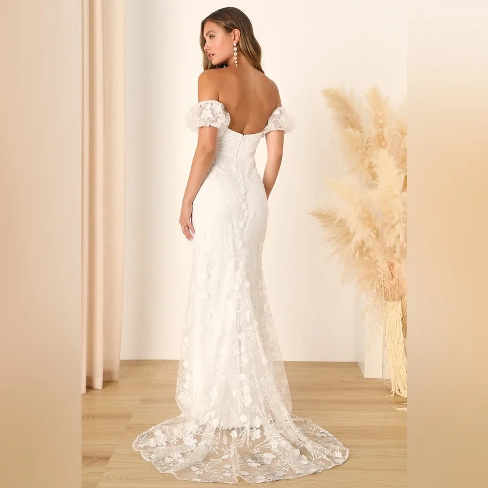 Lulu's Off-Shoulder Lace Wedding Dress in White - Picture 2 of 4